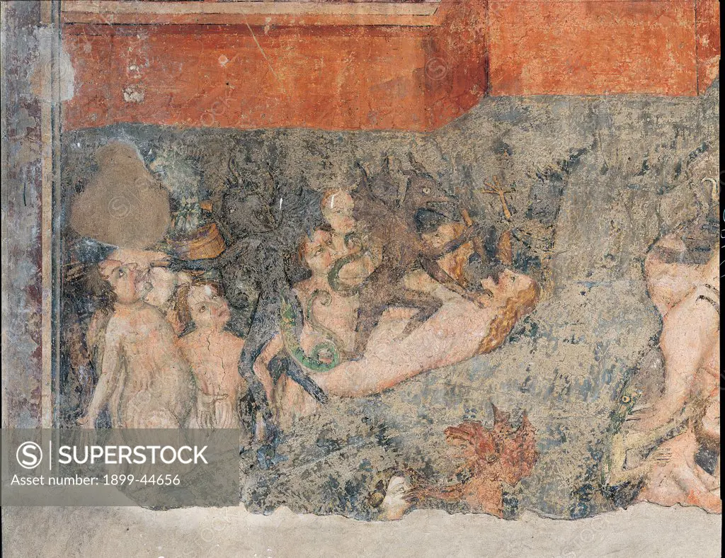 Last Judgment, by Unknown artist, 14th Century, fresco. Italy: Lombardy: Lodi: Vergine Assunta Basilica Cathedral: Duomo. Detail of the damned souls red devil hell fire
