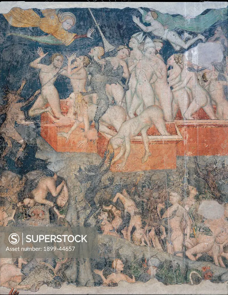 Last Judgment, by Unknown artist, 14th Century, fresco. Italy: Lombardy: Lodi: Vergine Assunta Basilica Cathedral: Duomo. Detail of the damned souls plunged into hell lance/spear red gray devils demons fire flames