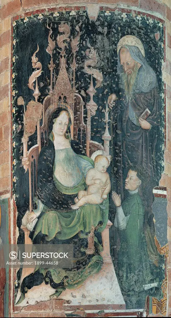 Madonna and Child Enthroned with St Anthony and Donor, by circle Michelino da Besozzo, 15th Century, fresco. Italy: Lombardy: Lodi: San Francesco Church. Whole artwork. Virgin Mary Madonna Child Jesus/Baby Jesus/Christ Child St Anthony donor blue green gold