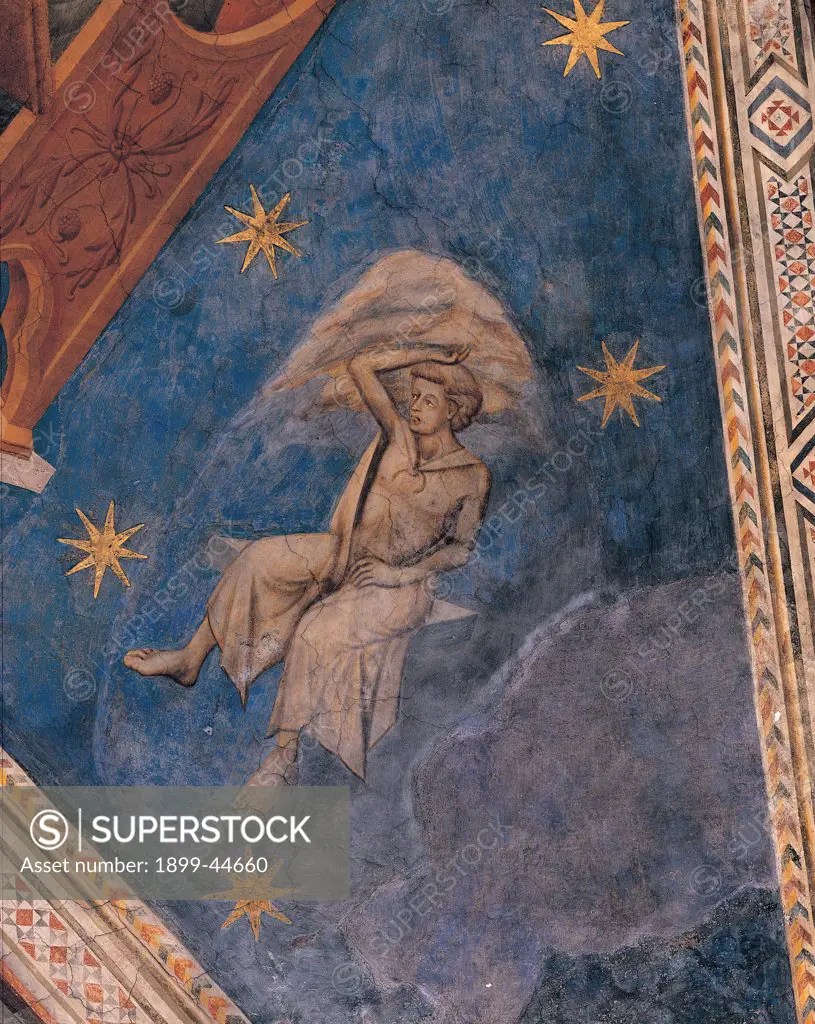 Air, by Master of the Four Elements, 1410, 15th Century, fresco. Italy: Lombardy: Lodi: San Francesco church. Detail. Allegory air stars gold blue cloud garment/dress