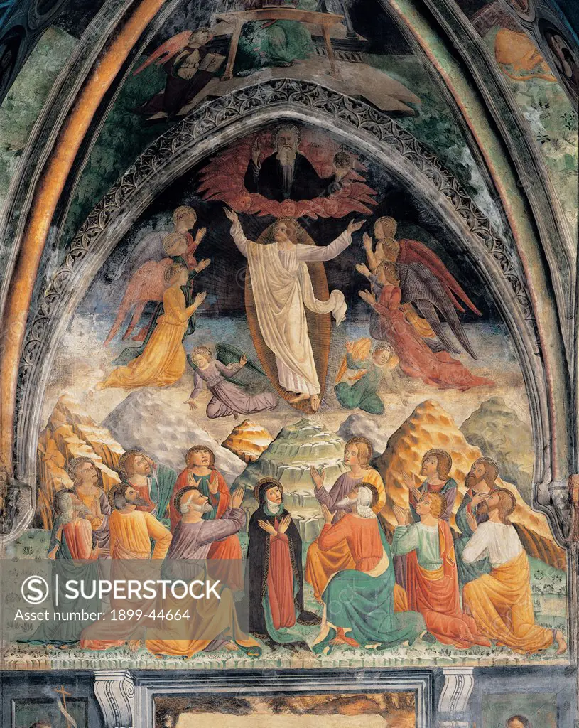 Ascension of Christ, by Unknown artist, 15th Century, fresco. Italy: Lombardy: Lodi: San Francesco church: terza campata della navata destra. Whole artwork. Ascension of Christ orange red blue green
