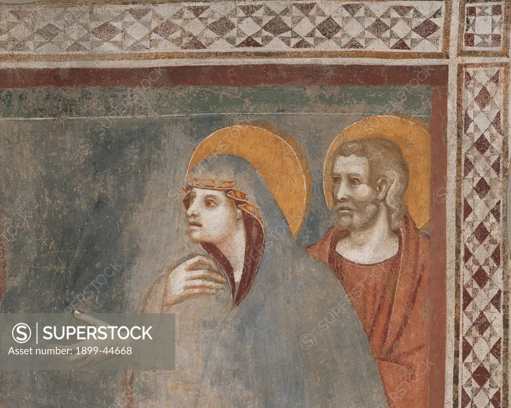 The Finding of Jesus in the Temple, by First Master of Chiaravalle, 14th Century, detached fresco. Italy: Lombardy: Bergamo: Matris Domini Convent. Detail. Face Virgin halo/aureole blue red frame/cornice