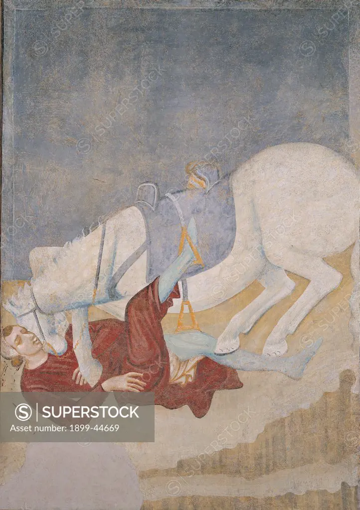 Napoleone Orsini fell off his horse, by First Master of Chiaravalle, 14th Century, detached fresco. Italy: Lombardy: Bergamo: Matris Domini Convent. Napoleone Orsini fell off his horse white saddle cloth red