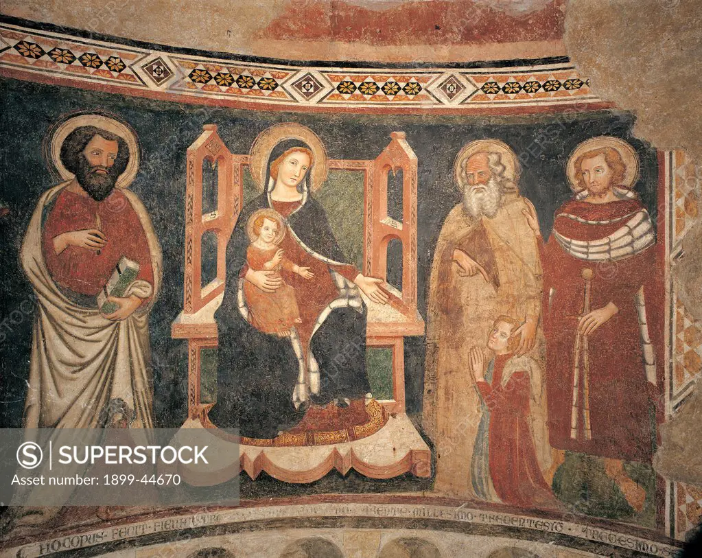 Madonna and Child Enthroned, St Bartholomew, Saints and a Devotee, by Master painter, 14th Century, fresco. Italy: Lombardy: Bergamo: Santa Maria Maggiore Basilica. Madonna and Child Enthroned, St Bartholomew Saints devotee red blue frame