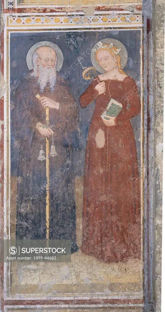 St Anthony the Abbot and St Catherine of Alexandria, by Master of the Madonna del Parto (or Madonna of Childbirth), 14th Century, fresco. Italy: Lombardy: Bergamo: Sant'Agostino church. St Anthony the Abbot and St Catherine of Alexandria book wheel bells
