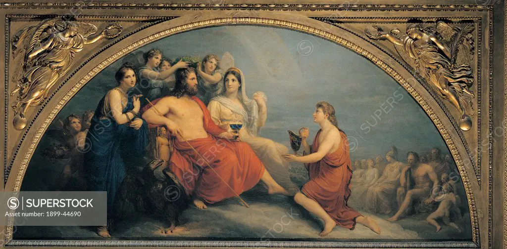 The Olympus, by Appiani Andrea, 1806, 19th Century, oil on canvas. Italy: Lombardy: Milan: Brera Art Gallery. Whole artwork. Olympus Coronation of Jupiter red mantle/cloak frame bare chest