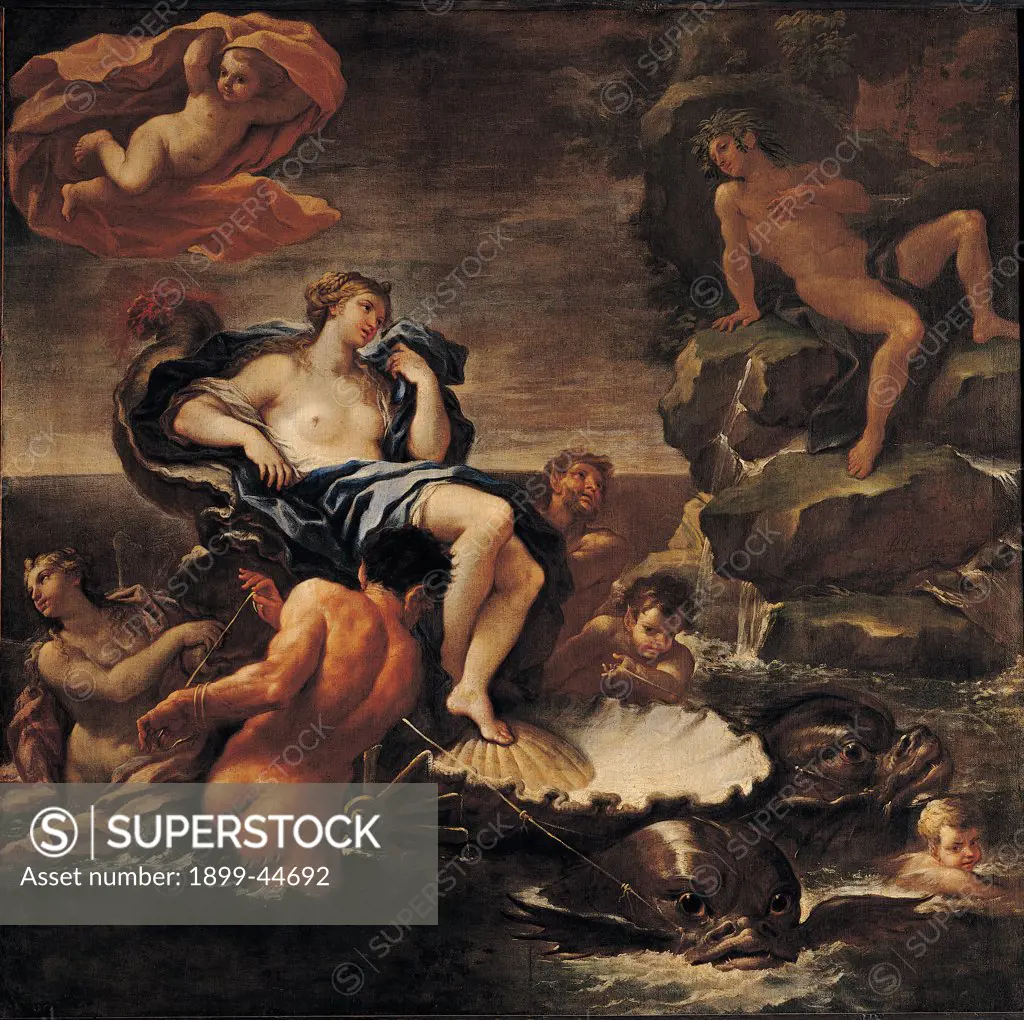 Galatea, by De Matteis Paolo, 1692, 16th Century, oil on canvas. Italy: Lombardy: Milan: Brera Art Gallery. Whole artwork. Galatea shell sea waves putto cliff/crag/rock Tritons Nereids