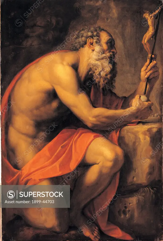 Saint Jerome, by Carracci Agostino, 1557 - 1602, 16th Century -17th Century, oil on canvas. Italy: Campania: Naples: Capodimonte National Museum and Galleries. Whole artwork. St Jerome/Hyeronimus beard red mantle Crucifix rock elder/old man
