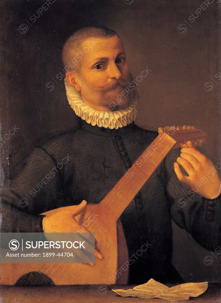 The Mandola Player, by Carracci Agostino, 1557 - 1602, 16th Century -17th Century, oil on canvas. Italy: Campania: Naples: Capodimonte National Museum and Galleries. Whole artwork. Player/musician mandola neck to tune up to play scroll white black brown beard mustache