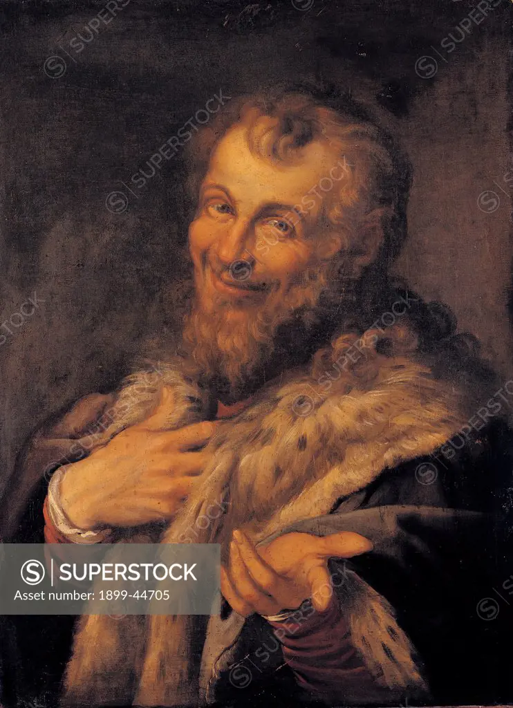 Male Portrait, by Carracci Agostino, 1557 - 1602, 16th Century -17th Century, oil on canvas. Italy: Campania: Naples: Capodimonte National Museum and Galleries. Whole artwork. Male portrait smiling man beard fur hands brown