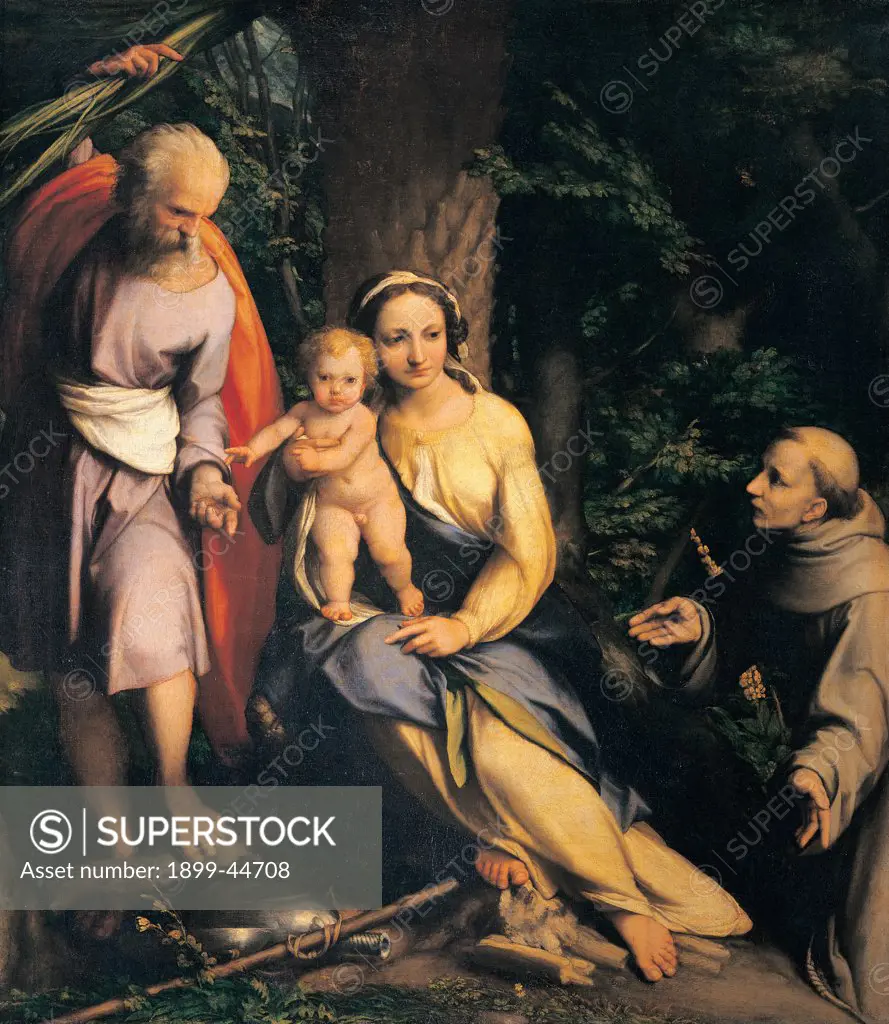 Rest on the Flight into Egypt, by Allegri Antonio known as Correggio, 1516 - 1517, 16th Century, oil on canvas. Italy: Tuscany: Florence: Uffizi Gallery. Whole artwork. Rest escape Holy Family Jesus Child/Baby Mary Madonna Joseph St Francis tree wood branches stick flask