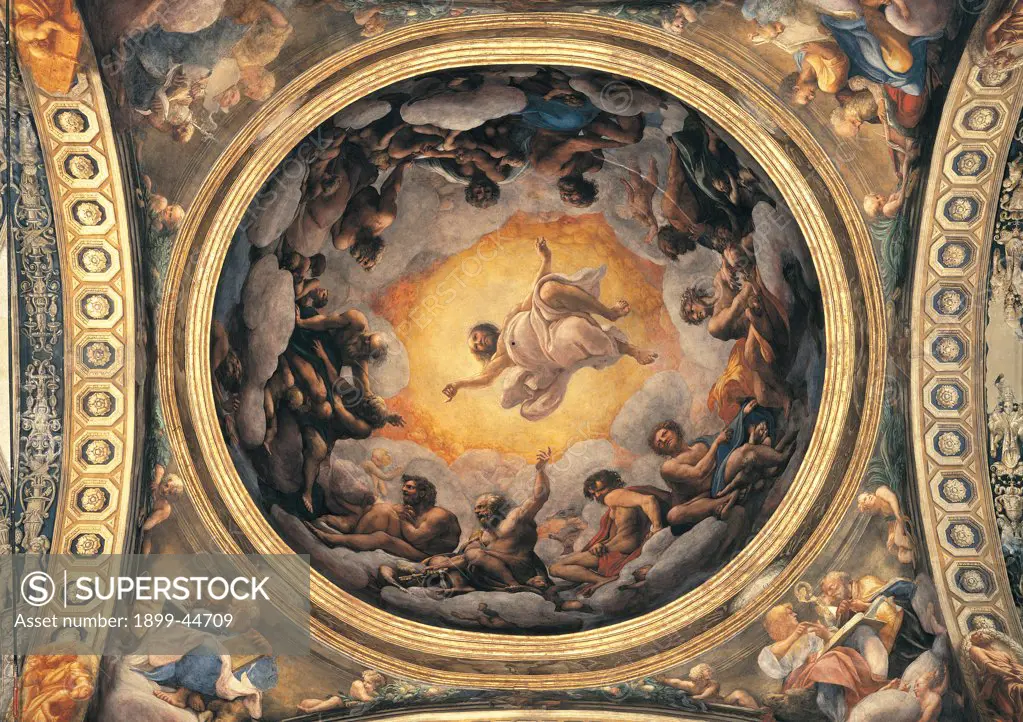 The Vision of St John the Evangelist, the Evangelists and the Doctors of the Church, by Allegri Antonio known as Correggio, 1520 - 1524, 16th Century, fresco. Italy: Emilia Romagna: Parma: San Giovanni Evangelista church: cupola e pennacchi. All dome St John yellow orange gold clouds Saints Doctors Church zenithal view
