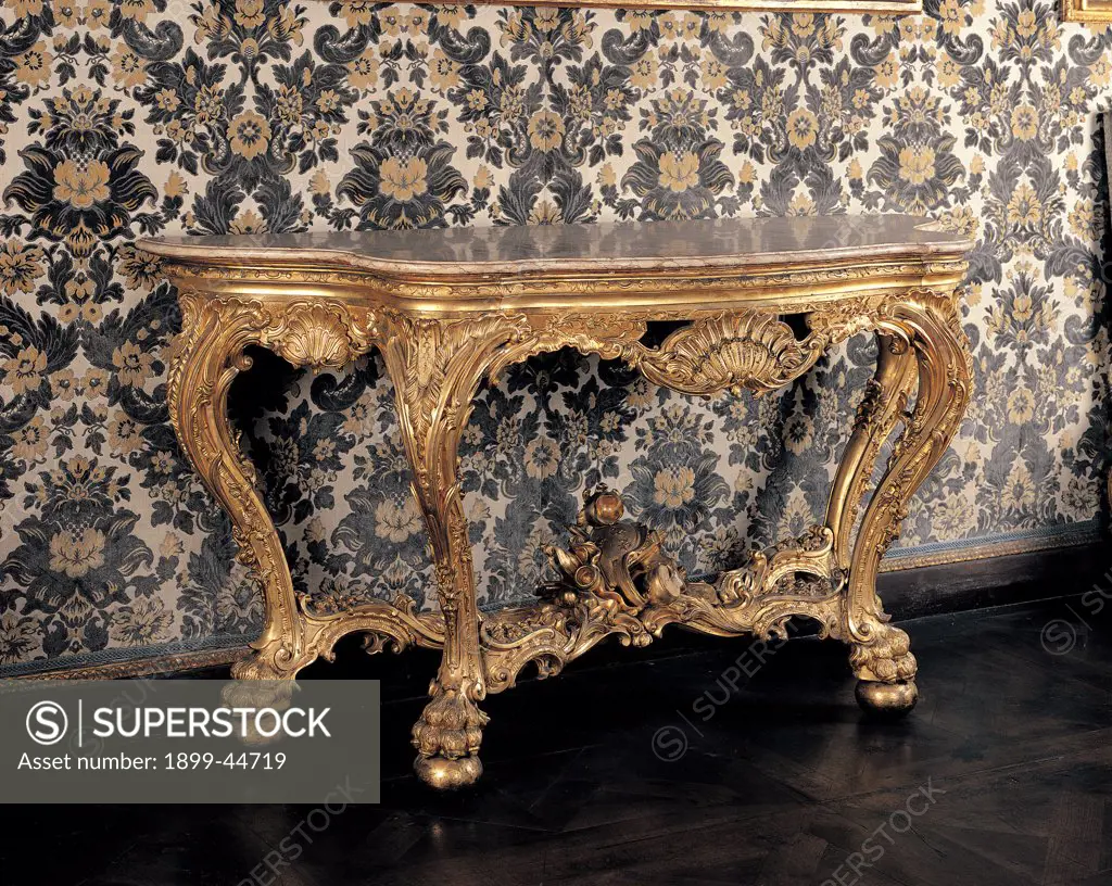 Wall table, by Piedmont Work, 18th Century, . Italy: Piemonte: Turin: Royal Palace: Madama Felicita Appartament. Whole artwork. Wall table console table rinceaux volutes decoration