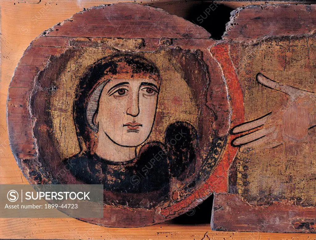 Painted Cross, by Unknown artist, 12th Century, tempera on panel. Italy: Lazio: Latina: Fondi: San Pietro Apostolo church. Detail. Face of the Virgin Mary of Sorrows halo/aureole tondo black red