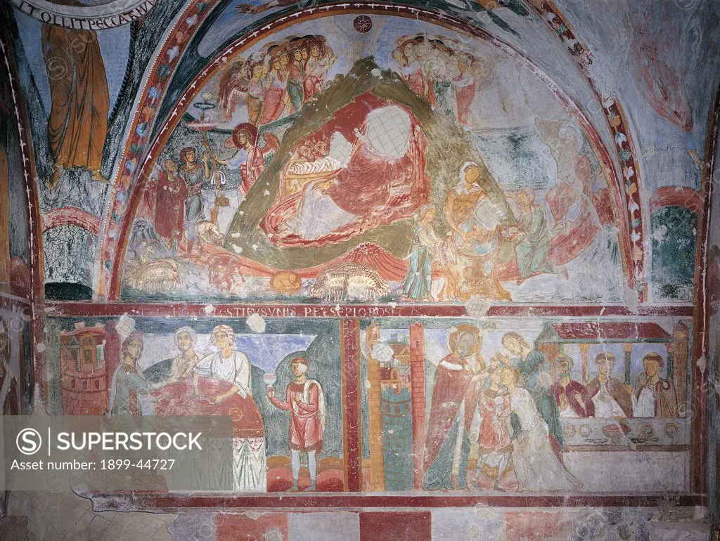 Crypt of Stories from the Life of Jesus, by Unknown artist, 11th Century, fresco. Italy: Camapania: Salerno: Minuto: Annunziata church: cripta. Whole artwork. Wall overlapping orders small figures Christ apostles lunette green red blue white gaps