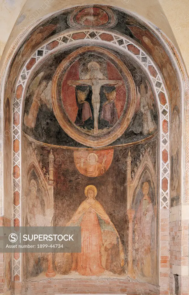 Our Lady of Mercy and Trinity, by Unknown artist, 15th Century, fresco. Italy: Veneto: Verona: San Giovanni in Fonte church: right apse. Whole artwork. Decorated apse with frescoes lower register with Our Lady of Mercy welcomes suppliants under her mantle/cloak in the conch within mandorla representation of the Trinity