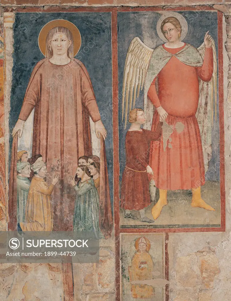 Madonna of Mercy. The Archangel Raphael and the Archangel Tobias, by Master of the Presentation, Verona Artist, 14th Century, fresco. Italy: Veneto: Verona: San Zeno Maggiore basilica. Whole artwork. Two left-hand side panels the Madonna of Mercy shelters her Suppliants/Devotees under her mantle/cloak aureole/halo on the right the Archangel Michael and the Archangel Tobias hierarchical proportions