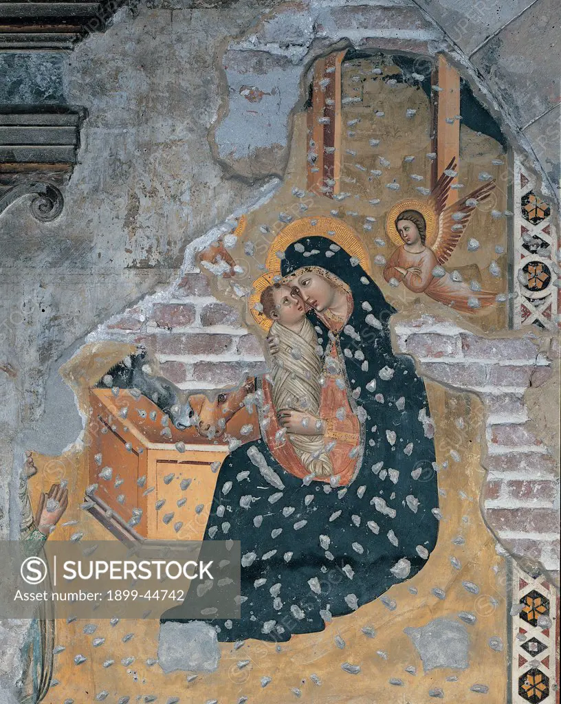 The Nativity, by Master of the Annunciation, 14th Century, fresco. Italy: Veneto: Verona: San Fermo church: Basilica Inferiore. Whole artwork. Fragmentary state of preservation the Virgin Mary Madonna holding the Child/Infant Jesus/Christ Child/Baby Jesus/Child Jesus in her harms angel