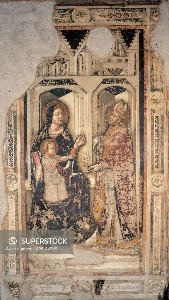 Enthroned Madonna and Child with a Bishop Saint, by perhaps by Pseudo Jacopino, 14th Century, fresco. Italy: Veneto: Verona: Sant'Anastasia church: Salerni Chapel. Whole artwork. Square scene of enthroned Madonna and Child/Baby Jesus/Christ Child/Child Jesus bishop saint addressing her late Gothic architectures frame of the Renaissance square