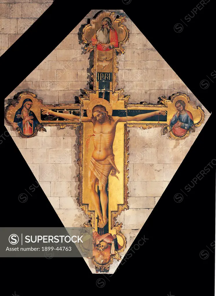 Station Crucifix (Crux Stationalis), by Lorenzo Veneziano, 14th Century, . Italy. Veneto. Verona. San Zeno Maggiore basilica. Whole artwork. Station Crucifix (Crux Stationalis) golden background Christus Patiens lobate ends. Below of a skull as a symbol of the Calvary/Golgotha. Right of half-length figure of St John. Left of Virgin Mary Top of God the Father