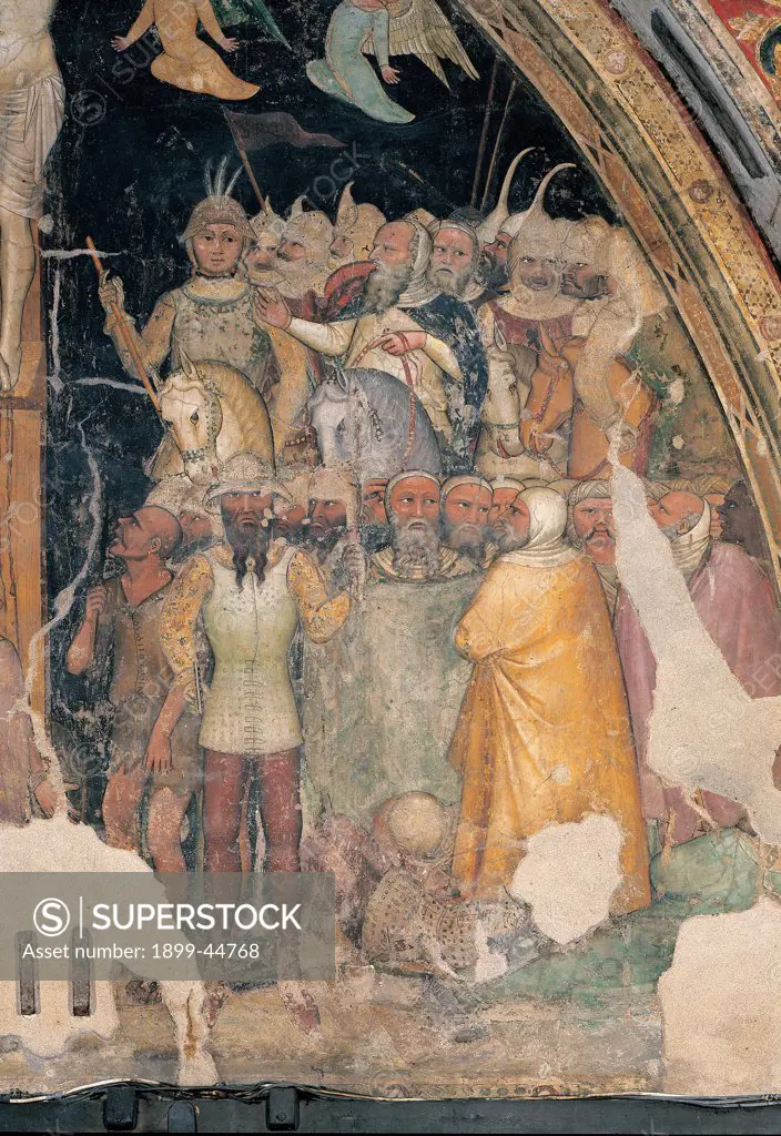The Crucifixion, by Turone, 14th Century, fresco. Italy. Veneto. Verona. San Fermo Maggiore Church. Detail of the right-hand side of the Crucifixion scene of St Longinus in the foreground. a horse and ranks of soldiers in the background