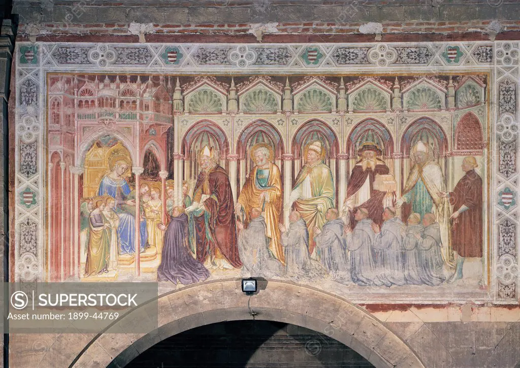 The Presentation of the Virgin, by Verona Artist, 14th Century, fresco. Italy: Veneto: Verona: San Zeno Maggiore basilica. Whole artwork. Various patron saints including St Zenus and St Jerome presenting the abbot Cappelli and his monks to the Virgin enthroned among maids
