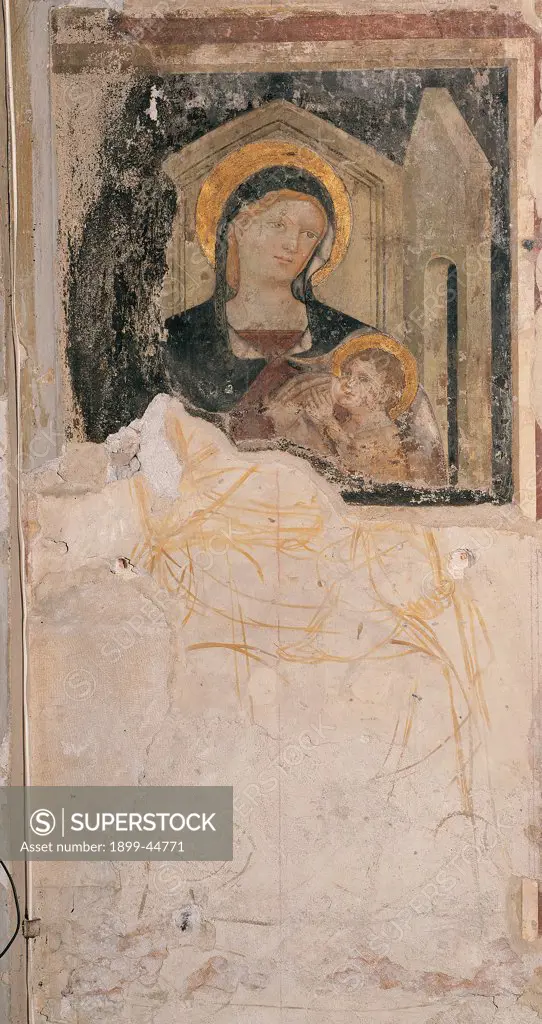 Enthroned Madonna and Child, by Giacomo da Riva, 14th Century, fragmentary fresco. Italy: Veneto: Verona: Santo Stefano church. Whole artwork. Madonna and Child Virgin Mary nursing the Infant Jesus/Christ Child/Baby Jesus/Child Jesus throne in perspective sinopia