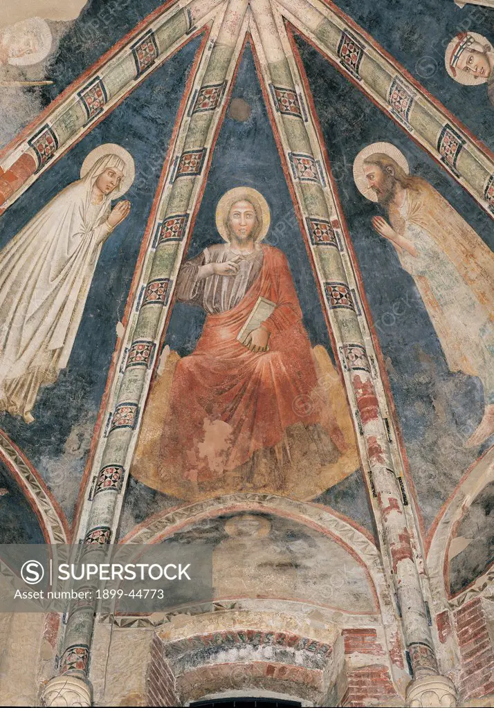 Jesus Christ with the Virgin Mary, St John the Baptist, St Firmus and St Rusticus, by Master of the Redeemer, 14th Century, fresco. Italy: Veneto: Verona: San Fermo Maggiore Church. Detail. Jesus Christ between Virgin Mary and St John the Baptist St Firmus St Rusticus (their faces alone may be seen) aureole/halo mantle/cloak throne vaulting ribs ribbed webs