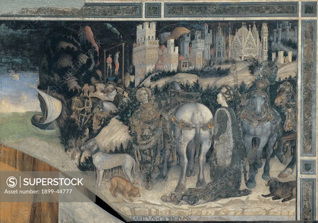 St George and the Princess, by Antonio Pisano also known as Pisanello, 1433 - 1438, 15th Century, detached and torn fresco. Italy: Veneto: Verona: Sant'Anastasia church: Pellegrini Chapel. Detail. Episode on the right St George meets the princess horses in the background town