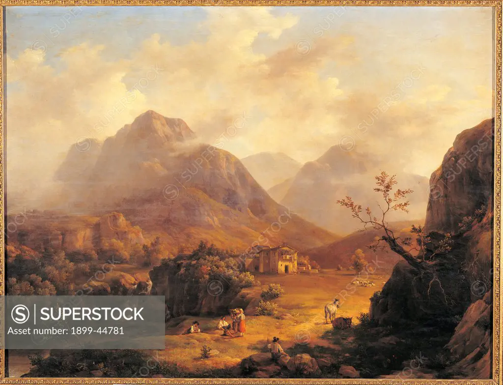 Landscape with characters in the foreground, a crag and foggy, misty mountains, by Bisi Fulvia, 1845, 19th Century, oil on canvas. Italy: Lombardy: Milan: Brera Art Gallery. Whole artwork. Mountainous landscape small figures mule farmhouse flock sky clouds