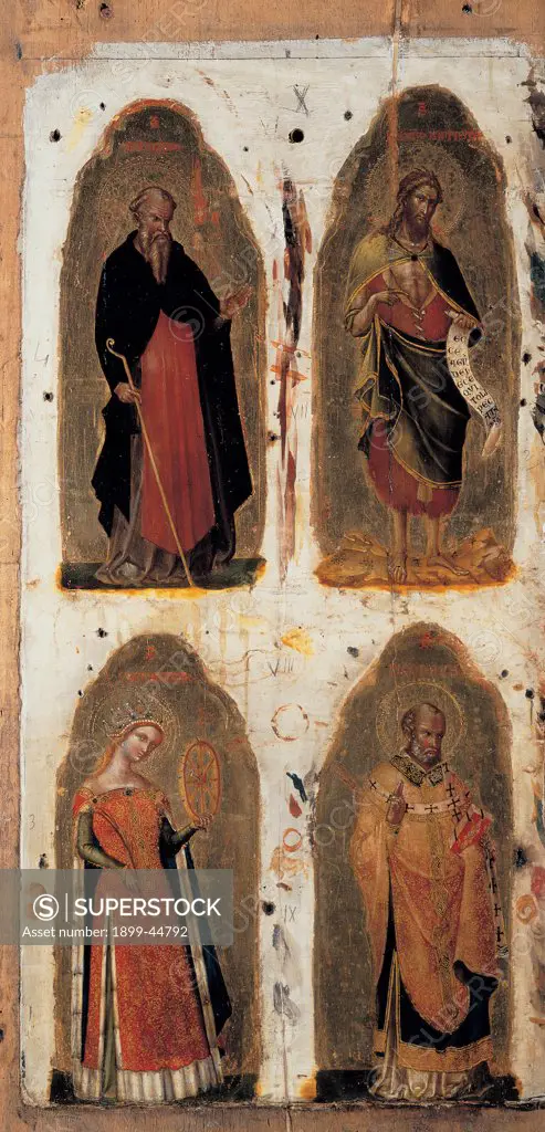 Polyptych of St Maria della Celestia (Virgin and Child with Saints), by Lorenzo Veneziano, 1372, 14th Century, tempera and oil on panel. Italy: Lombardy: Milan: Brera Art Gallery. Detail. The four left side panels with St Anthony the Abbot, St John the Baptist, St Catherine and St Nicholas. The frame is missing. Attributes/symbols scroll/cartouche wheel martyrs