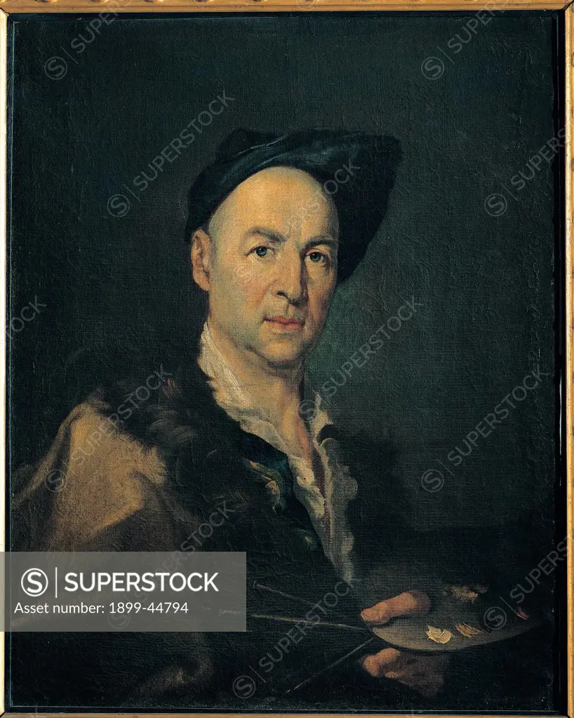 Portrait of a Painter, by Ceruti Giacomo know as Pitocchetto, 1745 - 1755, 18th Century, oil on canvas. Italy: Lombardy: Milan: Brera Art Gallery. Whole artwork. Portrait man male figure painter half-bust hat headgear/headdress paints palette brush