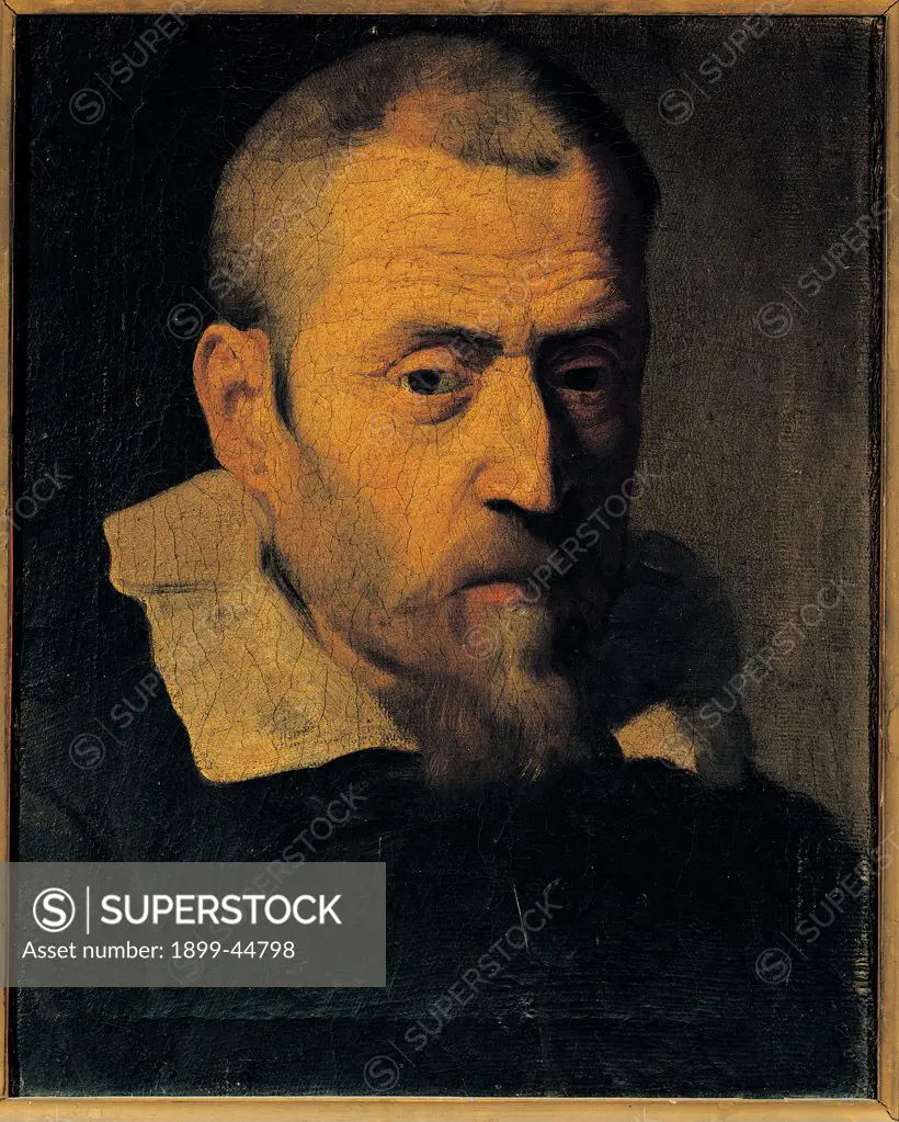 Portrait of a Man, by Crespi Daniele, 17th Century, oil on canvas. Italy: Lombardy: Milan: Brera Art Gallery. Whole artwork. Half-bust old man face three-quarter profile aquiline nose frown wrinkles beard moustache collar chiaroscuro white