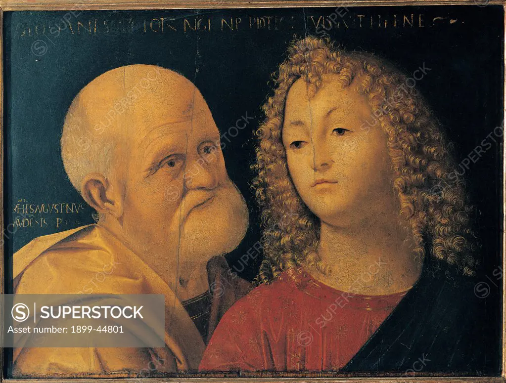 St Peter and St John the Evangelist, by Giovanni Agostino da Lodi known as Pseudo Boccaccino, 15th Century, tempera and oil on canvas. Italy: Lombardy: Milan: Brera Art Gallery: Reg. Cron. 2119. Whole artwork. St Peter and St John the Evangelist three-quarter figure head face old/aged man young man fair curls/ringlets beard moustache white garment/dress mantle/cloak red yellow