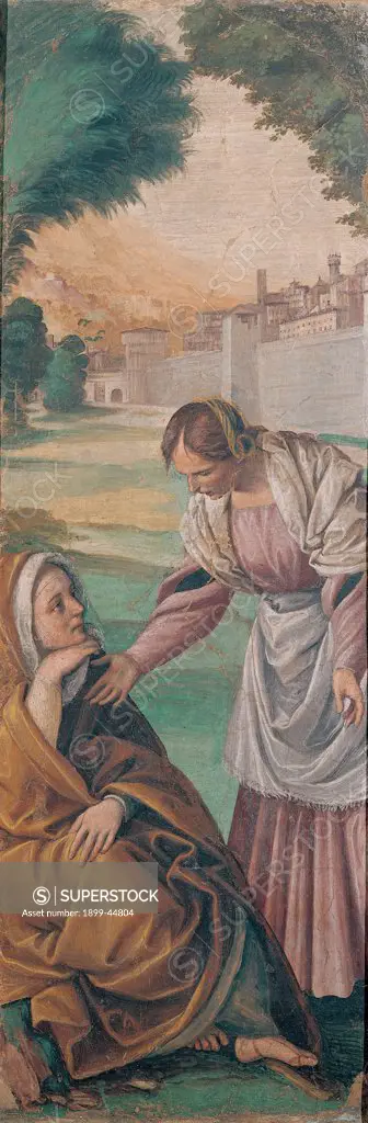 Stories of Anne and Joachim of Anne's lament, by Ferrari Gaudenzio, 1539 - 1539, 16th Century, fresco transferred to canvas, wooden frame. Italy: Lombardy: Milan: Brera Art Gallery: gia nella Cappella della Nativita della Vergine in Santa Maria della Pace a Milano. Detail. Anne seated outside walled city laments and weeps hand on chin sign of pain consoled by young woman