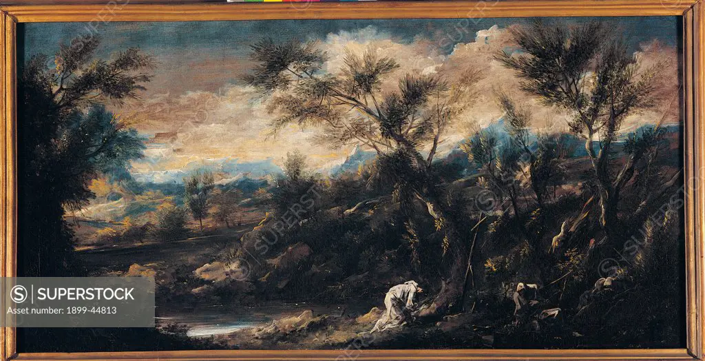 Two Monks Praying in a Landscape, by Magnasco Alessandro know as il Lissandrino, 17th Century - 18th Century, oil on canvas. Italy: Lombardy: Milan: Brera Art Gallery. Whole artwork. Landscape with two monks/friars trees clouds light blue/azure green
