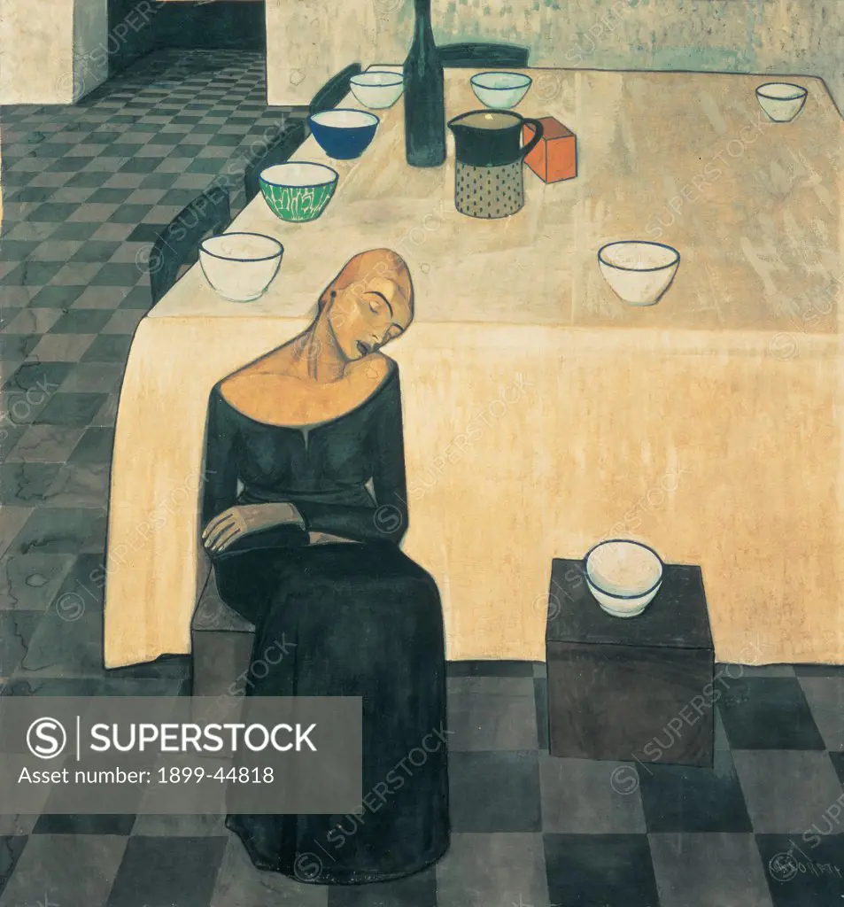 A Woman (The Wait), by Casorati Felice, 1918, 20th Century, tempera on canvas. Private collection. Whole artwork. Woman table stools chairs crockery bowls plates dishes bottle carafe box tablecloth floor chess white black red green beige