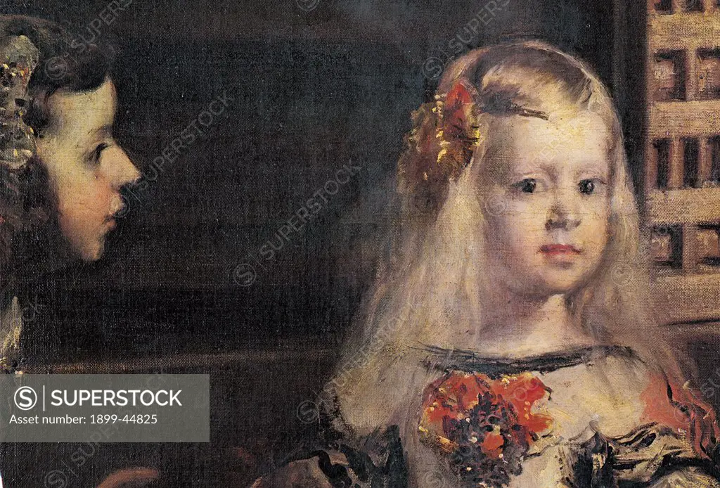 The Family of Philip IV - Maids of Honor (Las Meninas), by Velázquez Diego Rodriguez de Silva y, 1656, 17th Century, oil on canvas. Spain: Madrid: Madrid: Prado National Museum. Detail. Infanta Margarita face blond/fair-haired little girl