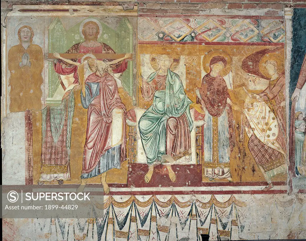 Adelard is presented to Christ by the Virgin, by Unknown artist, 13th Century, fresco. Italy: Veneto: Verona: San Zeno Maggiore basilica. Frieze lozenges dark red yellow-ocher green leaves saint Mary Magdalene hair Trinity God the Father Christ crucified Adelard Christ enthroned Madonna angel green white curtain