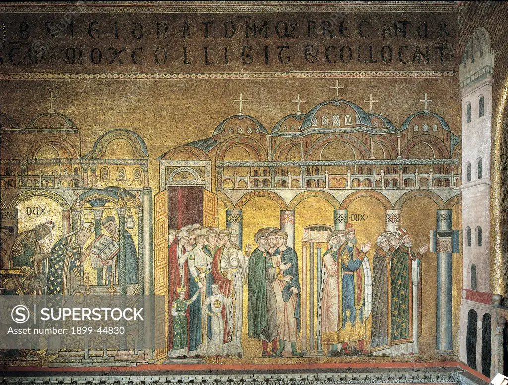 Prayer for the finding of the body and apparition of the body, by Unknown artist, 13th Century, . Italy: Veneto: Venice: San Marco Basilica. Whole artwork. Prayer community women men joined hands kneeling bishops mitre pallium altar ciborium saint St Mark interior church columns arches gold white green red inscription