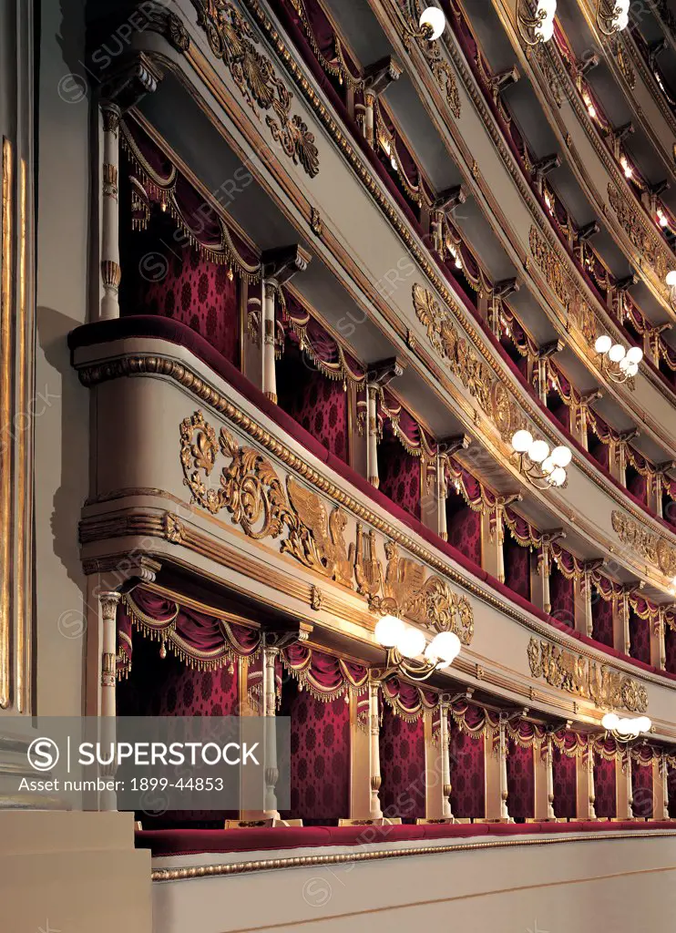 Views of the Teatro alla Scala, Milan, after its restoration in 2004, by Piermarini Giuseppe, 2004, 21st Century, . Italy: Lombardy: Milan: Teatro alla Scala. Detail. View from the proscenium gold frame/cornice concert hall boxes red