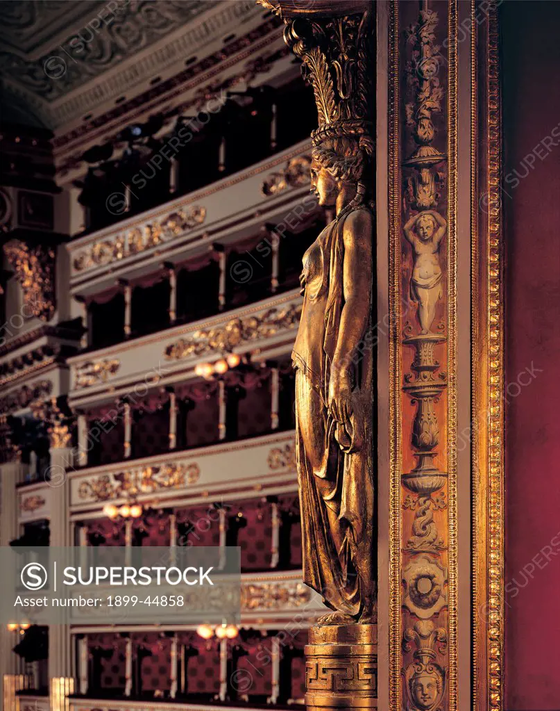 Views of the Teatro alla Scala, Milan, after its restoration in 2004, by Piermarini Giuseppe, 2004, 21st Century, . Italy: Lombardy: Milan: Teatro alla Scala. Detail. Gold frame/cornice concert hall Royal box painted wood caryatid