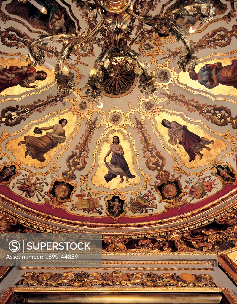 Views of the Teatro alla Scala, Milan, after its restoration in 2004, by Piermarini Giuseppe, 2004, 21st Century, . Italy: Lombardy: Milan: Teatro alla Scala. Detail. Gold frame/cornice Royal box painted wood ceiling woman musical instruments floral patterns/motifs chandelier