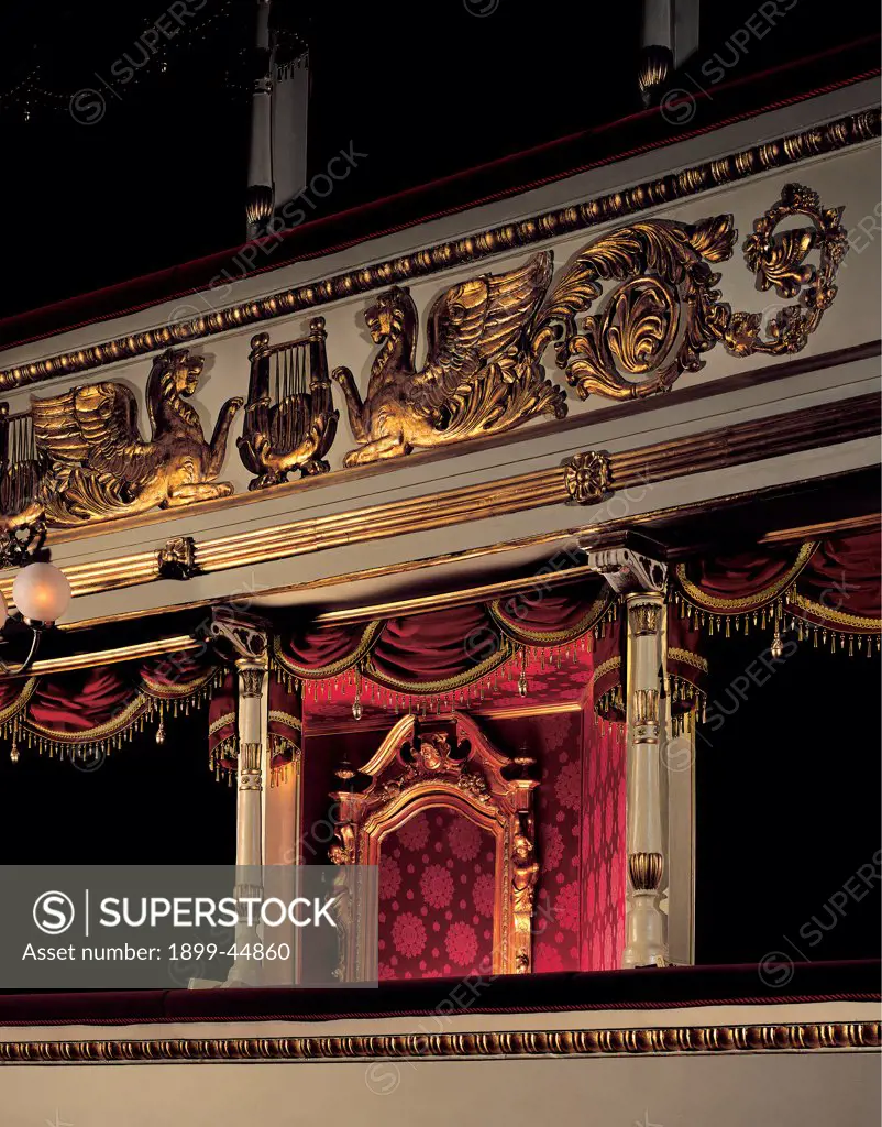Views of the Teatro alla Scala, Milan, after its restoration in 2004, by Piermarini Giuseppe, 2004, 21st Century, . Italy: Lombardy: Milan: Teatro alla Scala. Detail. Gold frame/cornice box red wood winged lions zither