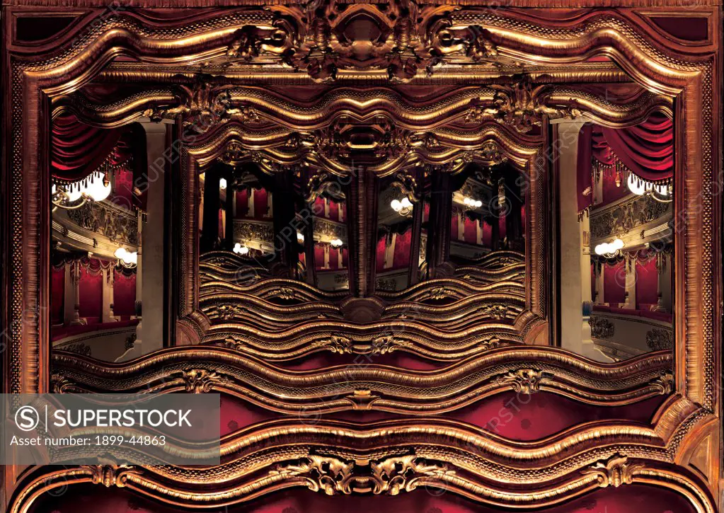 Views of the Teatro alla Scala, Milan, after its restoration in 2004, by Piermarini Giuseppe, 2004, 21st Century, . Italy: Lombardy: Milan: Teatro alla Scala. Detail. Mirror reflection gold frame/cornice box red