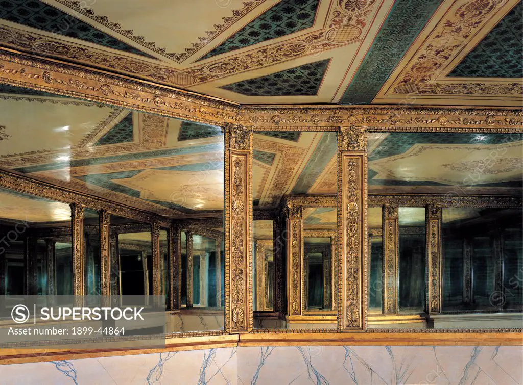 Views of the Teatro alla Scala, Milan, after its restoration in 2004, by Piermarini Giuseppe, 2004, 21st Century, . Italy: Lombardy: Milan: Teatro alla Scala. Detail. Mirror reflection gold frame/cornice box green ceiling wood