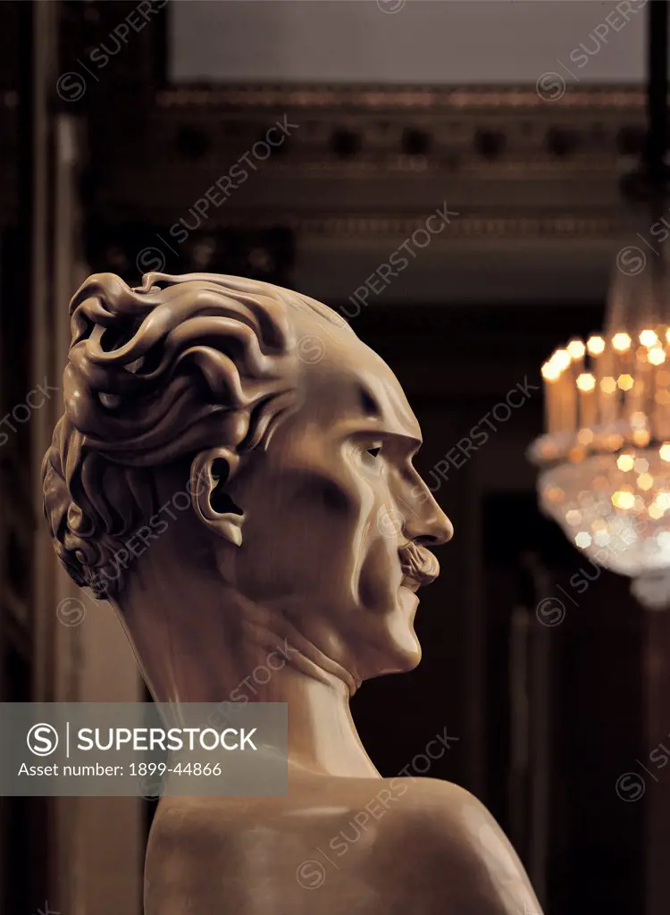 Views of the Teatro alla Scala, Milan, after its restoration in 2004, by Piermarini Giuseppe, 2004, 21st Century, . Italy: Lombardy: Milan: Teatro alla Scala. Detail. Box foyer statue bust face Arturo Toscanini