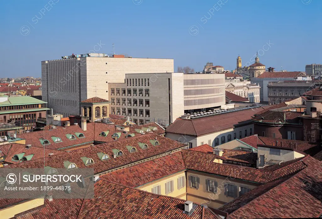 View of La Scala Theater after restoration in 2004, by Botta Mario, 2004, 21st Century, . Italy: Lombardy: Milan: Teatro alla Scala. Scala Theater Milan scenic tower northern view roofs urban/city context new buildings