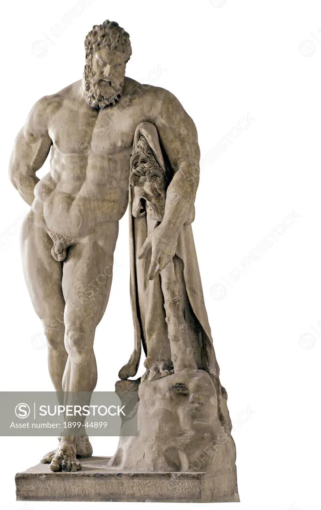 The Farnese Hercules (The Farnese Heracles), by copy from Lisippo, 2nd Century, marble, full relief. Italy: Campania: Naples: National Archaeological Museum. Whole artwork. Statue Hercules Herakles/Heracles demigod nude man beard club lion hide/robe