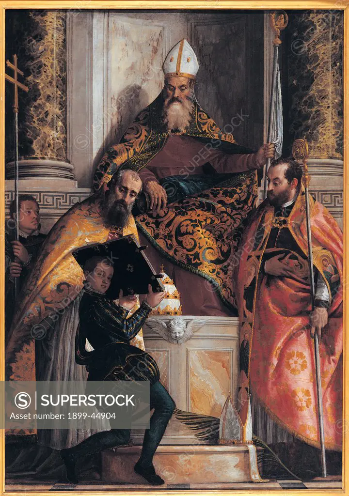 St Anthony Abbot, St Cornelius and St Ciprianus with a Page, by Caliari Paolo know as Veronese, co-workers Caliari Paolo detto Veronese, 1567 - 1567, 16th Century, oil on canvas. Italy: Lombardy: Milan: Brera Art Gallery. Whole artwork. Saints St Anthony Abbot, St Cornelius and St Ciprianus page throne columns speckled marble drapery/draping cloth/drape cloak/mantle folds mitre/miter crosier/pastoral black brown yellow red gold